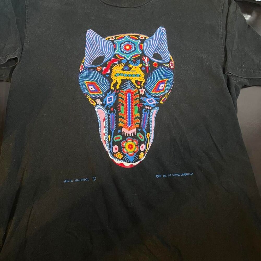 Vintage Arte Huichol Guadalupe De La Cruz Carrillo Wolf Mask T-Shirt Size Medium